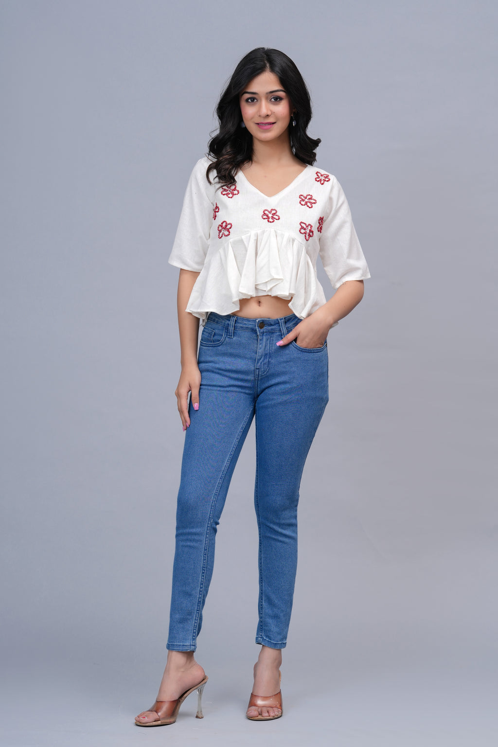 Floral Embroidered Crop Peplum Top