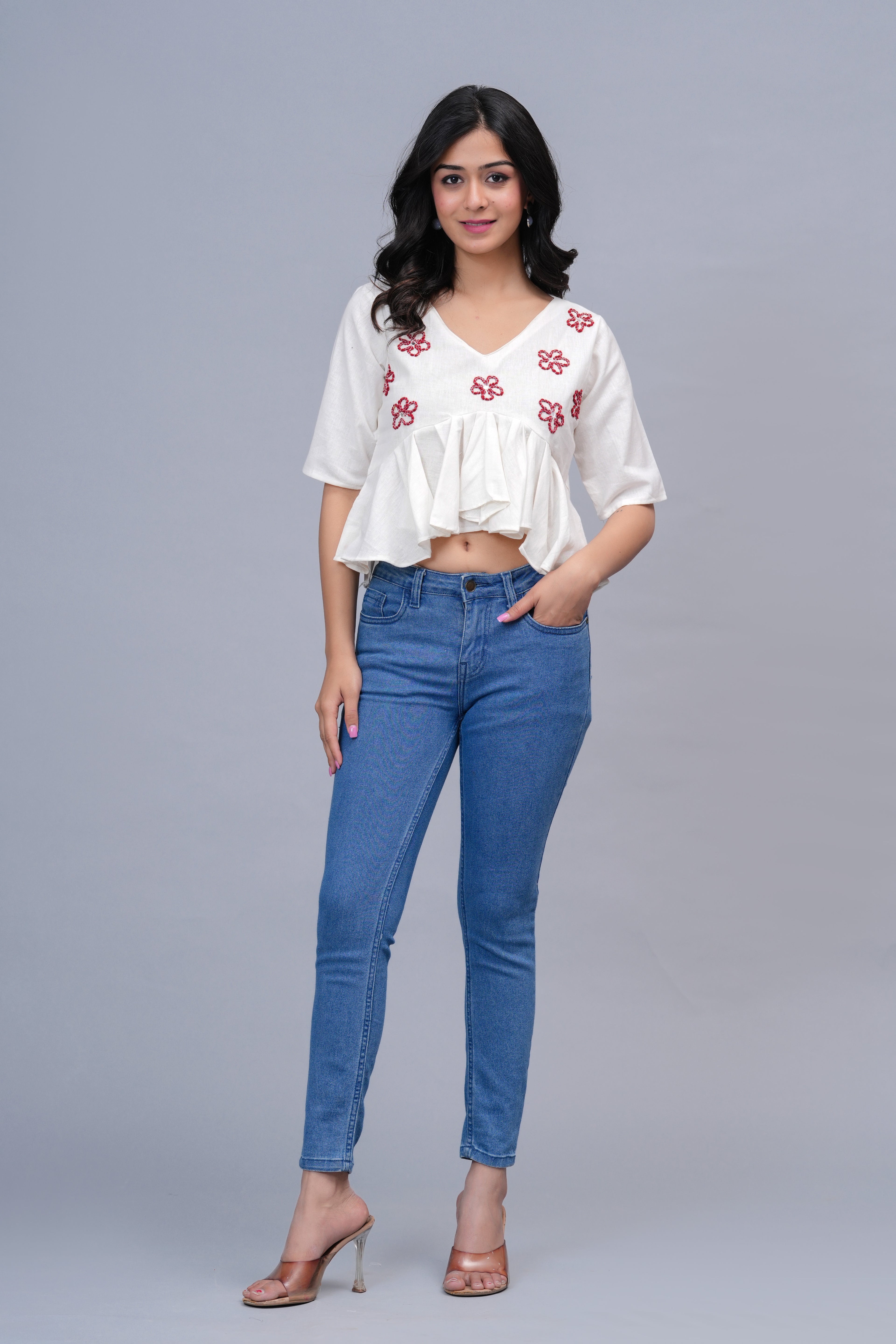 Floral Embroidered Crop Peplum Top