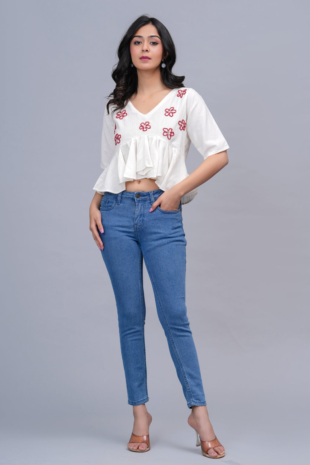 Floral Embroidered Crop Peplum Top