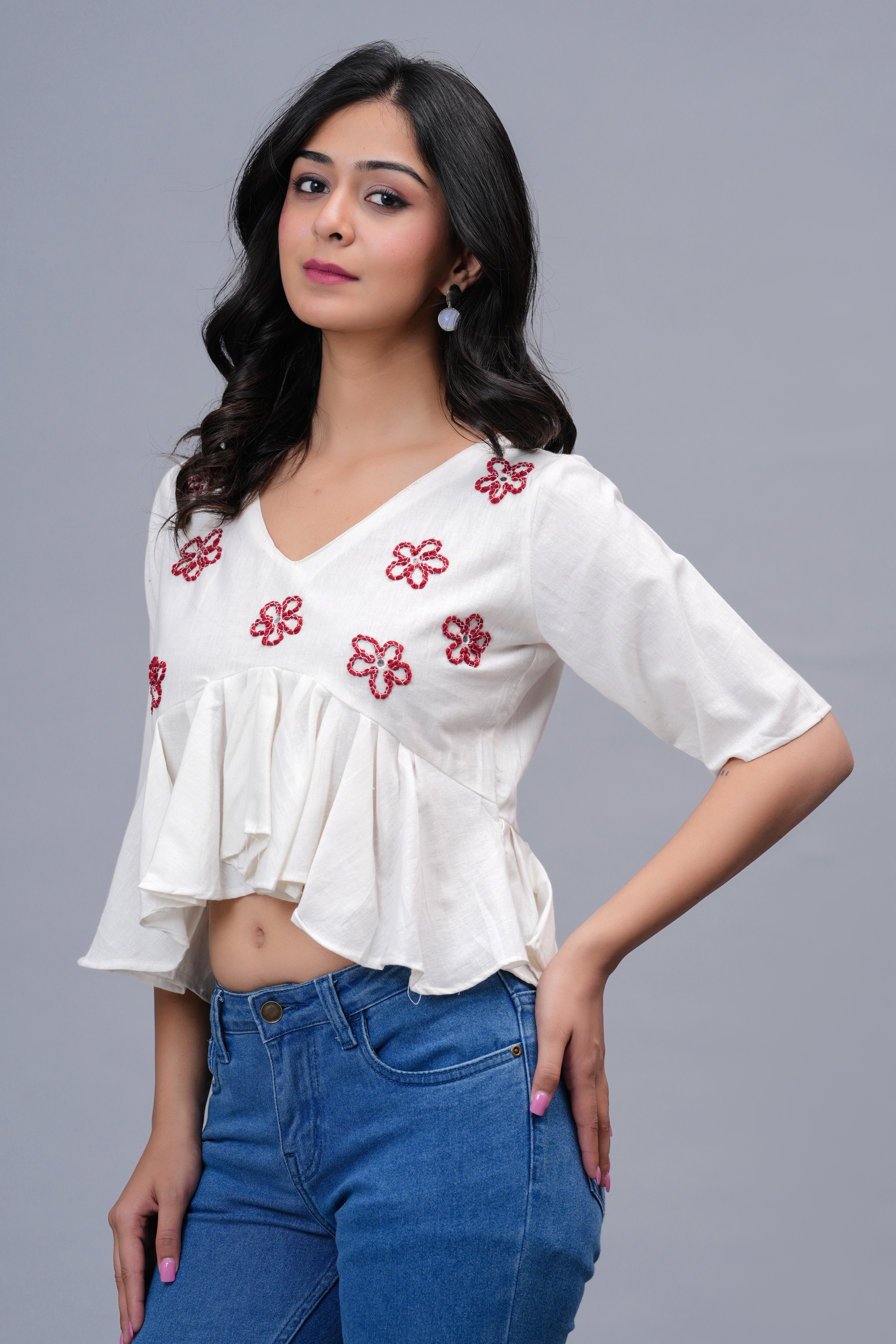 Floral Embroidered Crop Peplum Top