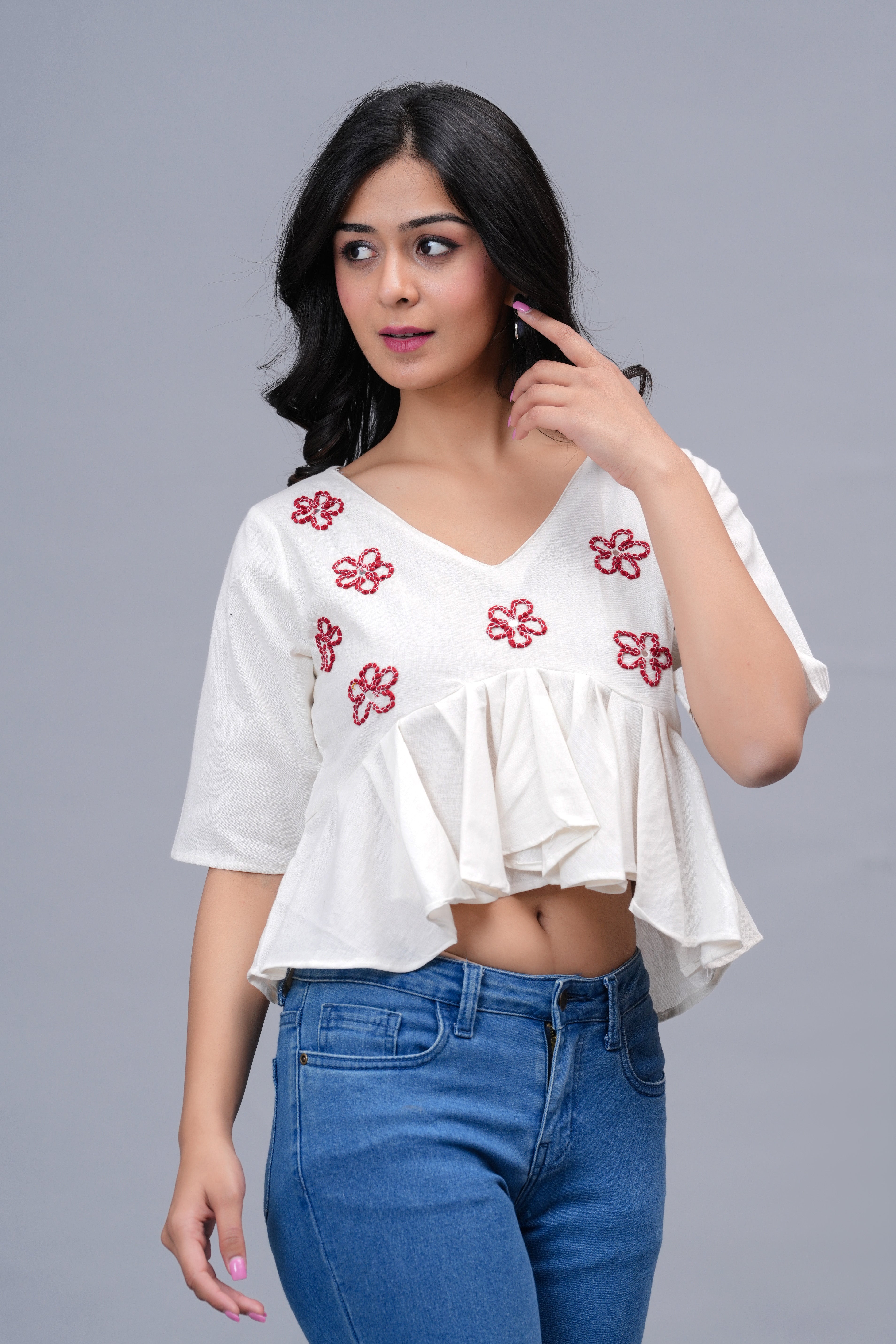 Floral Embroidered Crop Peplum Top