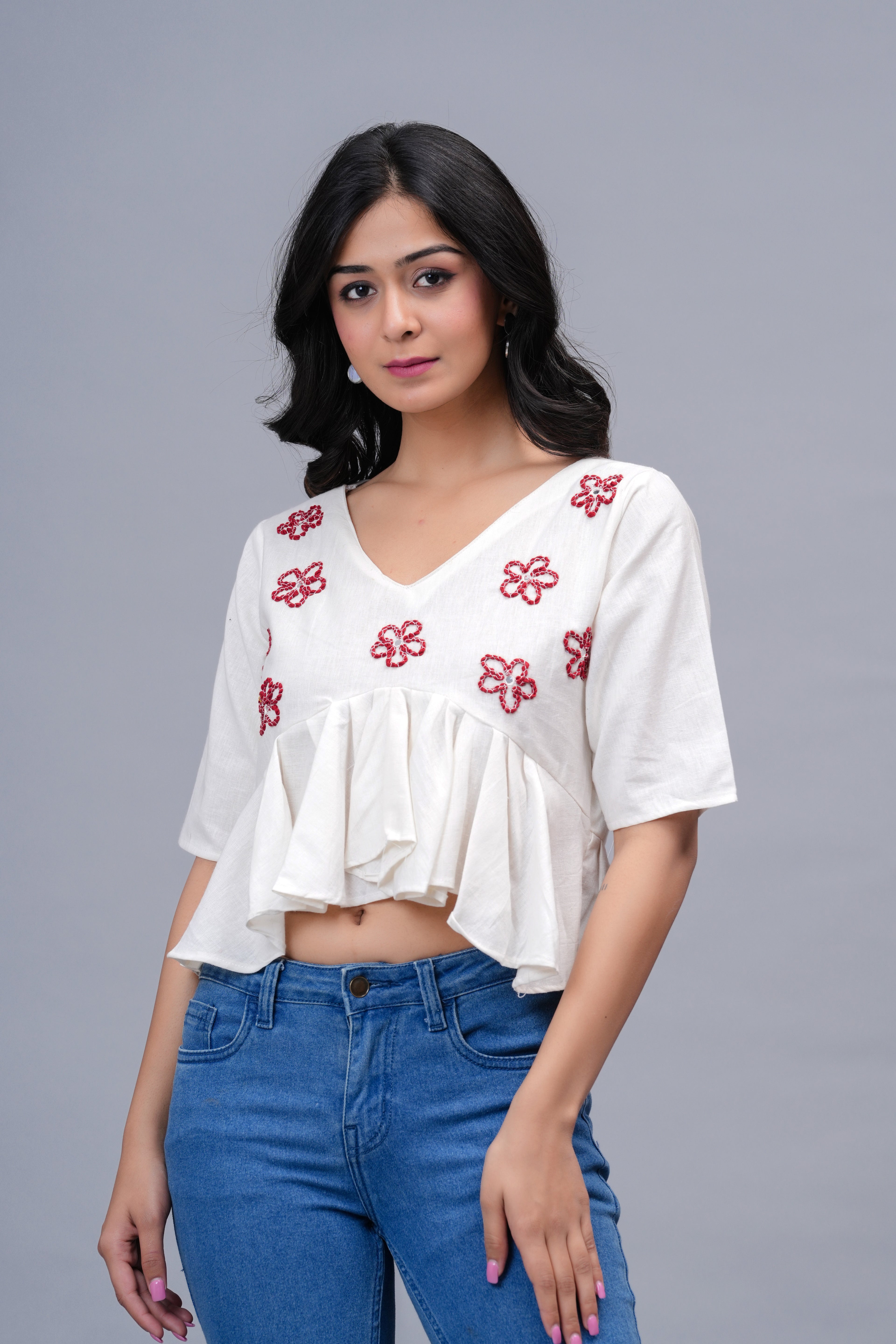 Floral Embroidered Crop Peplum Top