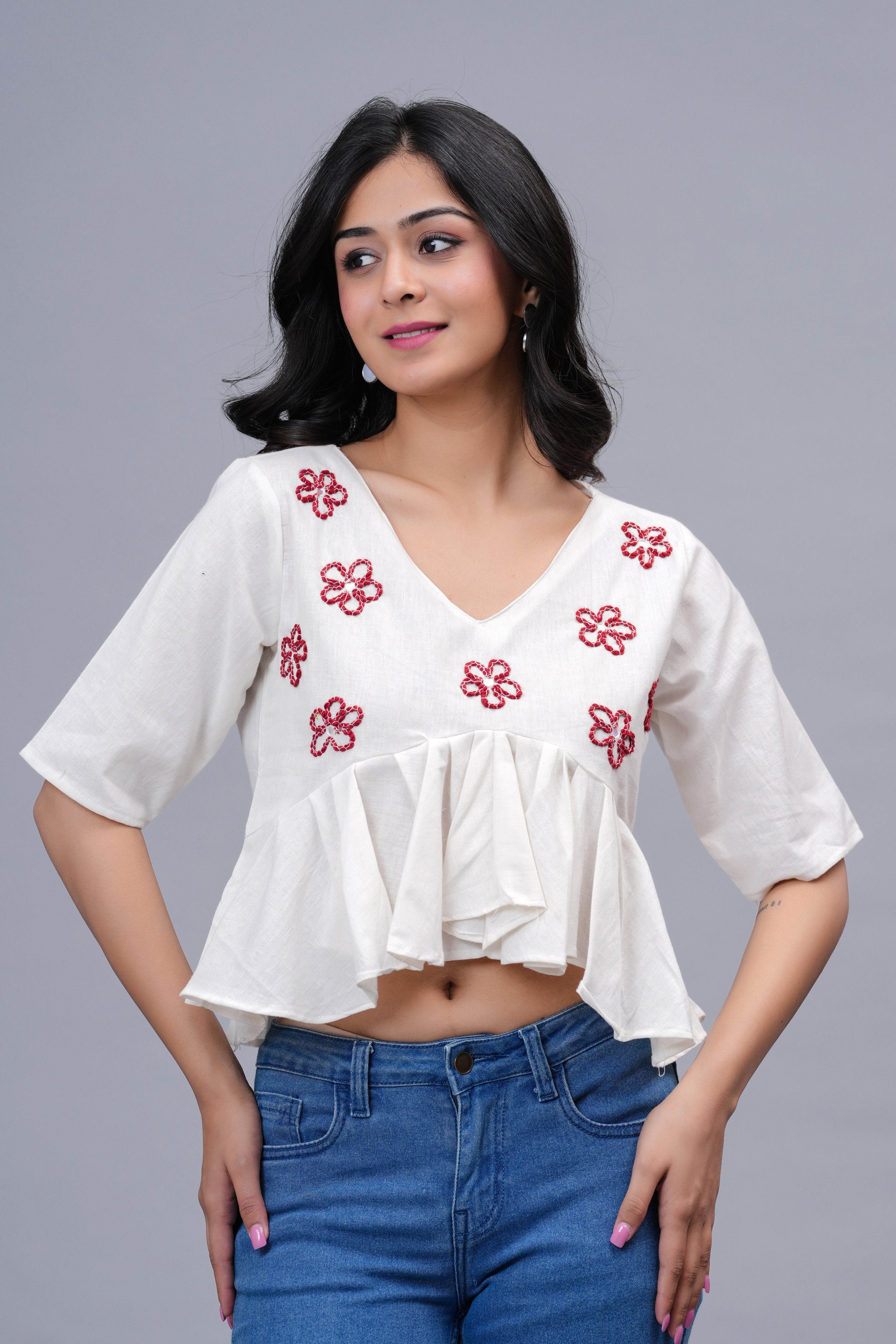 Floral Embroidered Crop Peplum Top