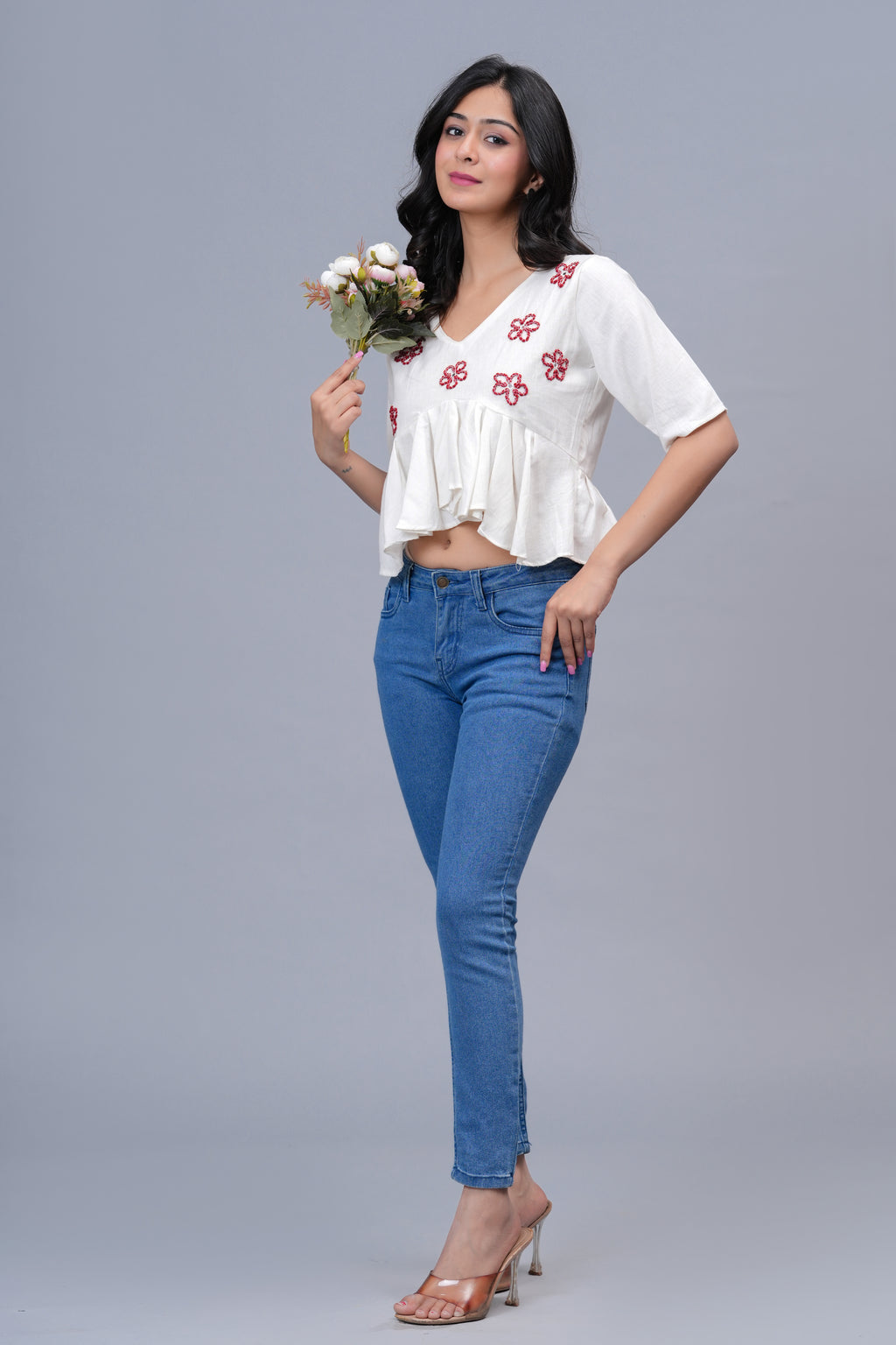 Floral Embroidered Crop Peplum Top