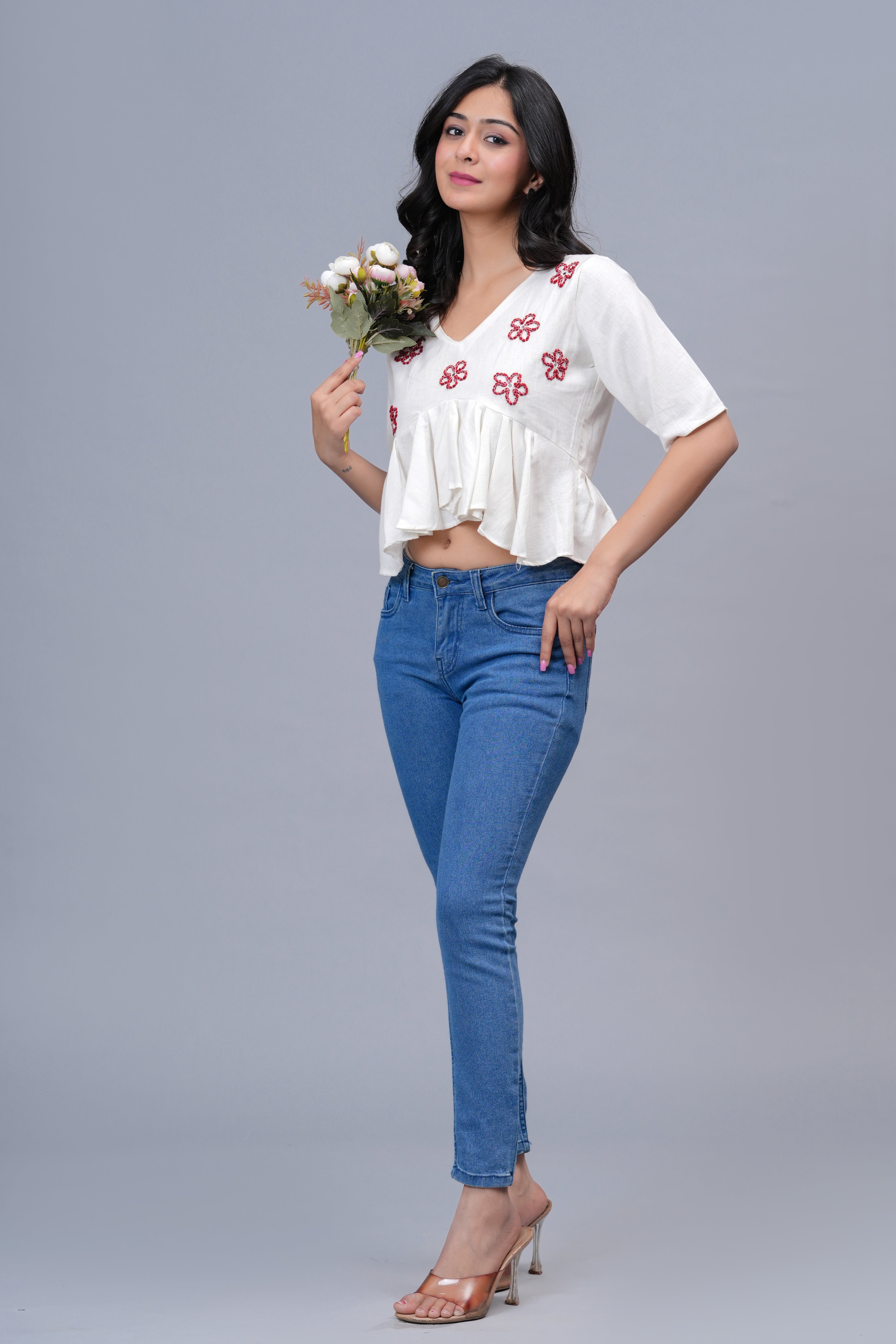 Floral Embroidered Crop Peplum Top