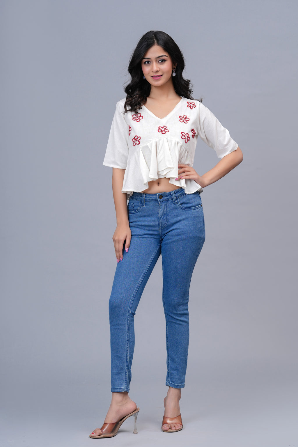 Floral Embroidered Crop Peplum Top