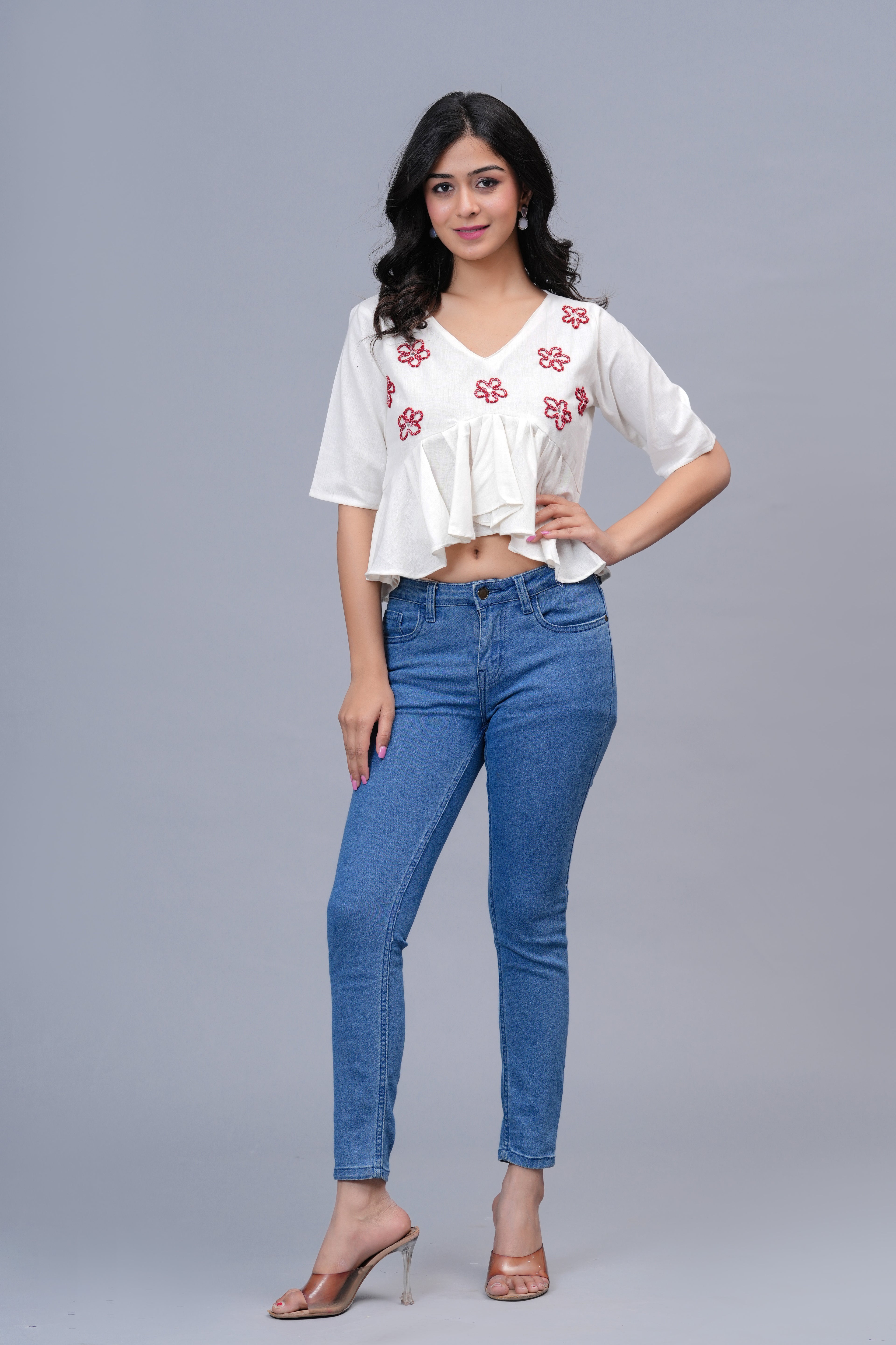 Floral Embroidered Crop Peplum Top