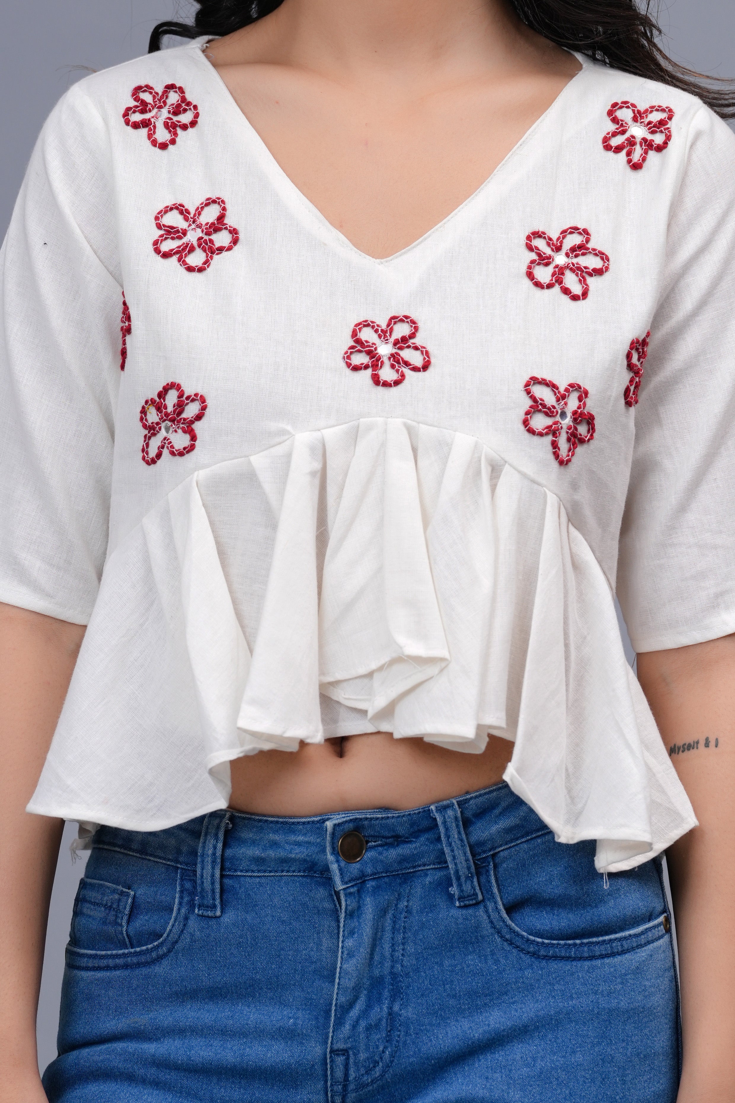 Floral Embroidered Crop Peplum Top